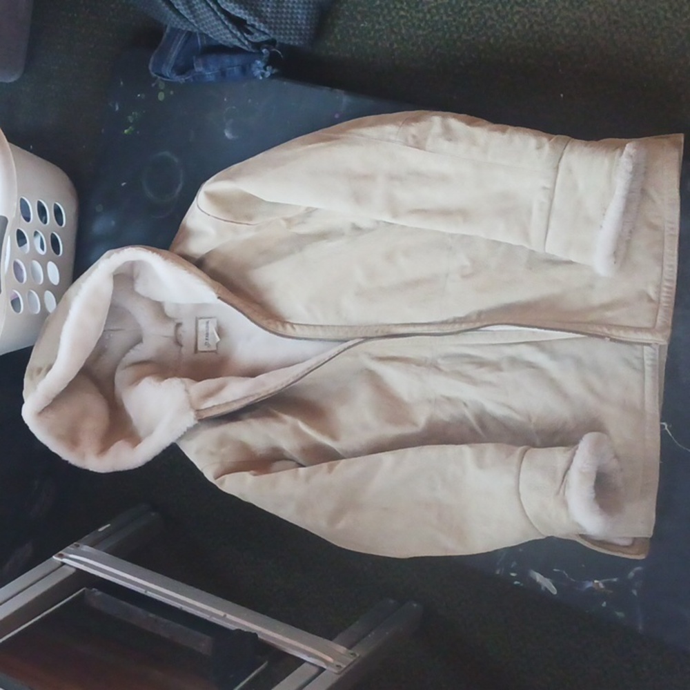 genuine suede (100%leather) winter coat, faux fur lined, heavyweight.
